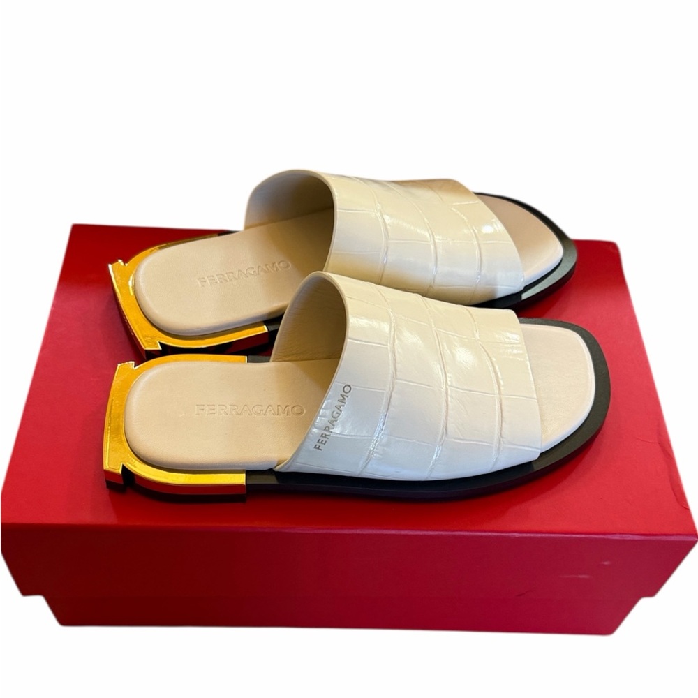 Salvatore Ferragamo Cream Slide Sandals NEW